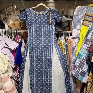 Sz Large kurta Blue & White Geometric Dress with pearl and jewel embellishments